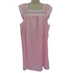 Vintage Katz Womens Large Pink Lace Trim Embroidered Scroll Nightgown Dress USA